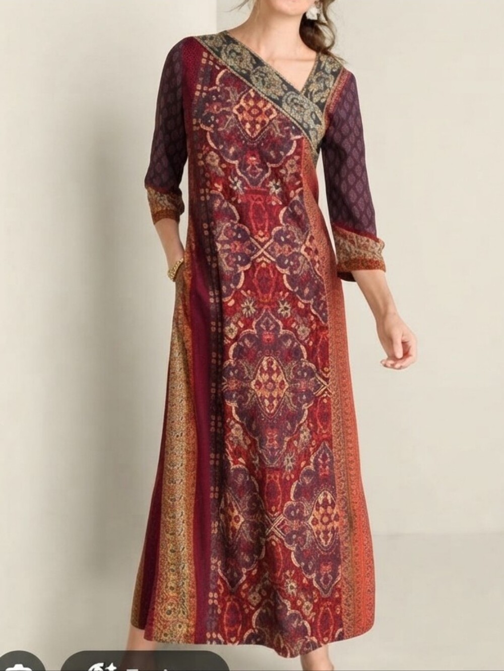 Soft Surroundings mixed paisley print maxi dress maroon 3/4 Sleeve